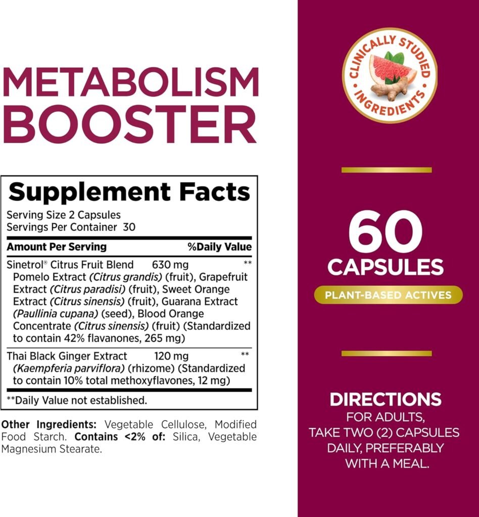 Natures Bounty Optimal Solutions Metabolism Booster Supplement, Boosts Fat Metabolism, Promotes Abdominal Fat Loss, With Citrus Extracts and Black Ginger, 60 Capsules